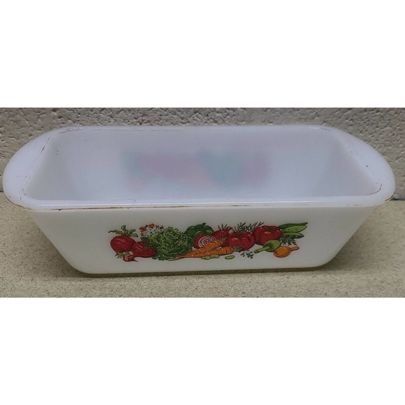 Glasbake J522 Loaf Baking Dishe Vegetable Pattern Milk Glass 1 and a half quarts - Picture 1 of 5